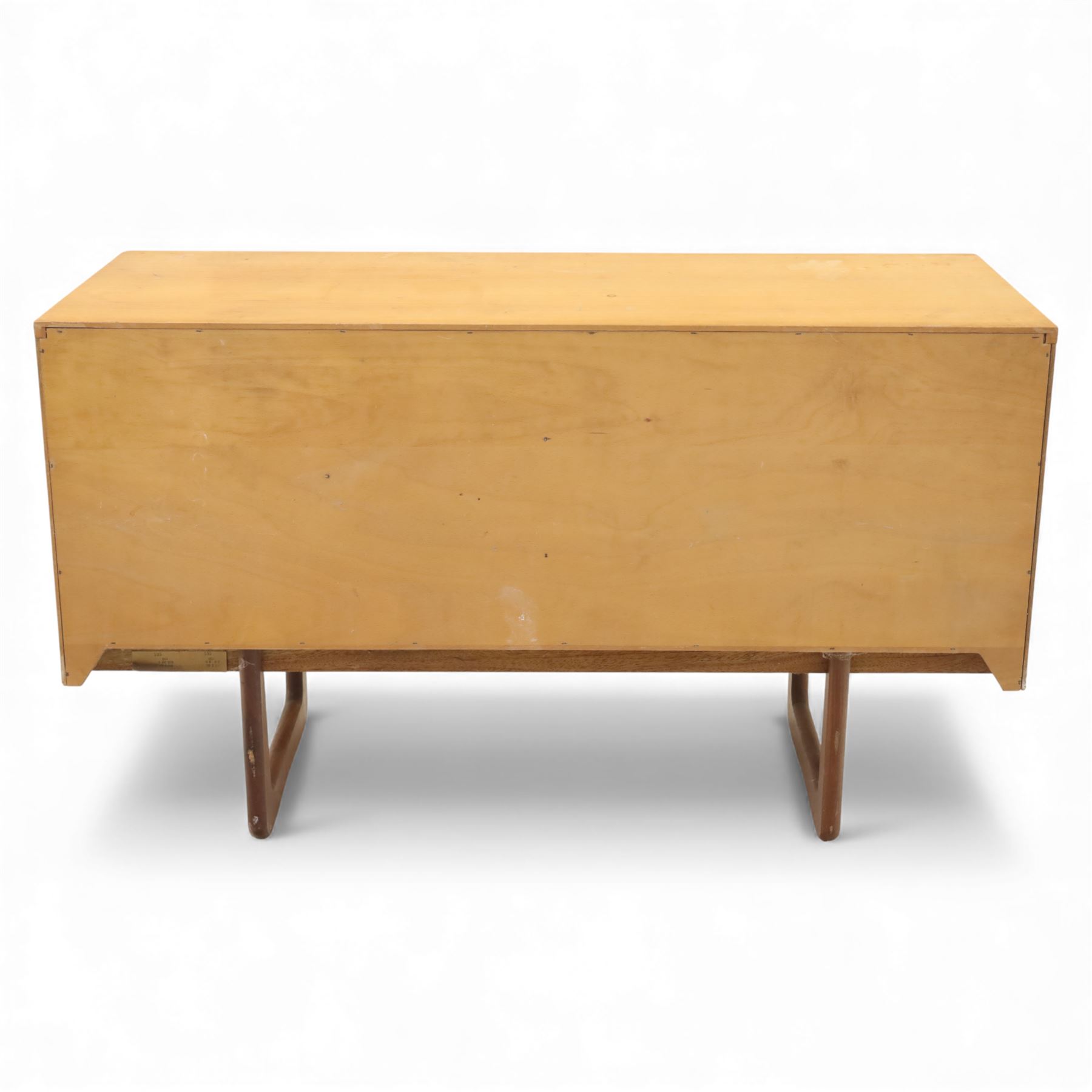 Uniflex - Mid 20th century teak sideboard, rectangular top over six drawers with recessed finger pulls, raised on U-shaped teak supports