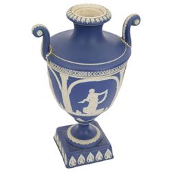 Wedgwood Jasperware twin handled vase with fluted rim, together with Tunstall jasperware twin handled urn and other jasperware 