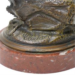 After Michel Claude Clodion (French 1738-1814): Grand Tour patinated bronze figure of a bacchic cherub, modelled dancing and playing cymbals, seated upon a naturalistic rocky base entwined with vine leaves and grapes, bearing signature, mounted on an oval red marble plinth, 19th century, W15cm H19cm