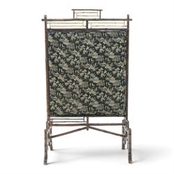Victorian Aesthetic Movement bamboo framed fire screen, geometric bamboo frame with gilt elements, later applied fabric panel