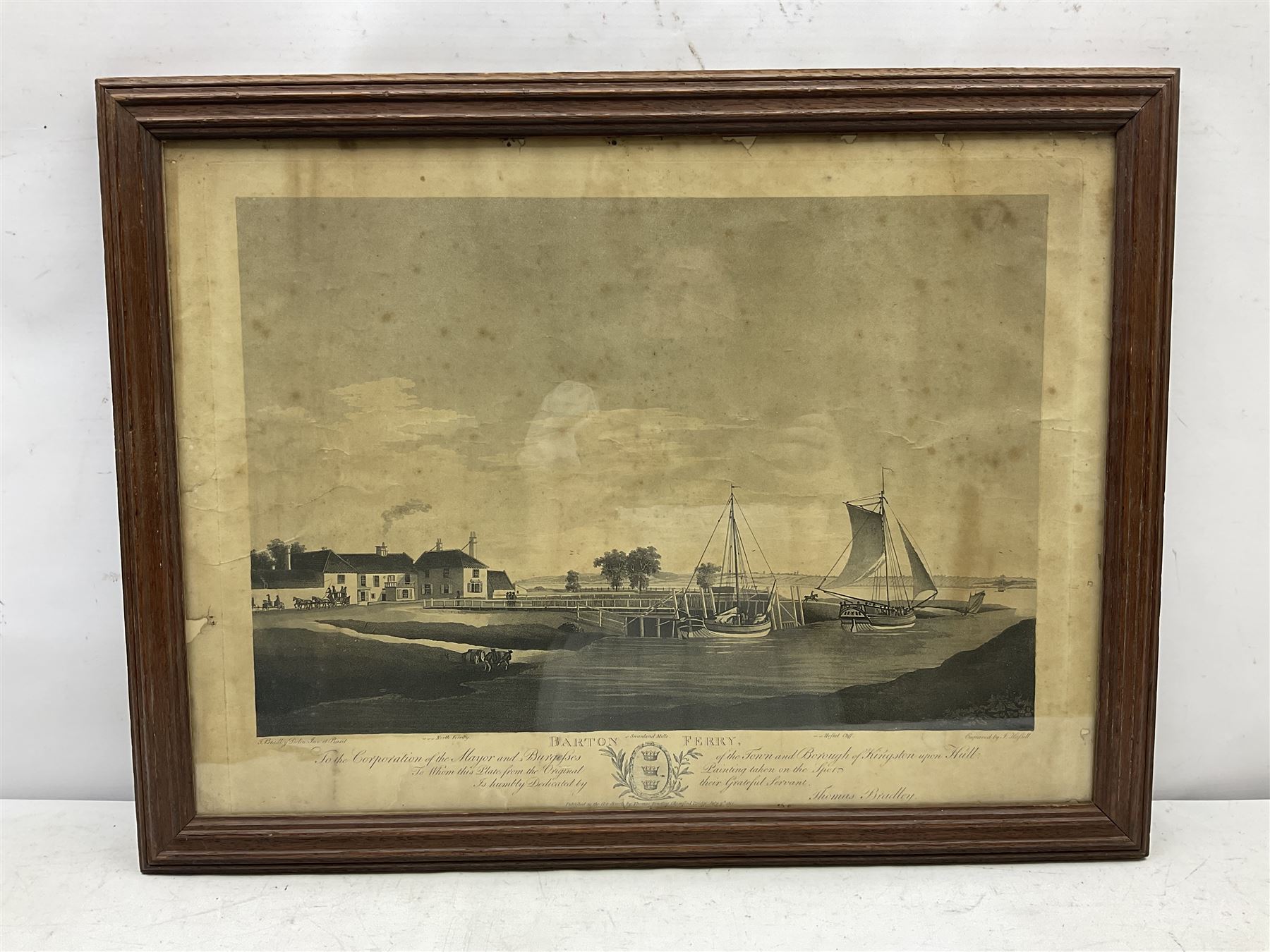 John Hassell (British 1767-1825) after Thomas Bradley (British 18th/19th century): 'Barton Ferry', engraving pub. 9th July 1801, inscribed 'To the Corporation of the Mayor and Burgesses of the Town and Borough of Kingston upon Hull, to whom this Plate from the Original Painting taken on the Spot is humbly Dedicated by their Grateful Servant Thomas Bradley' in the plate 41cm x 57cm  