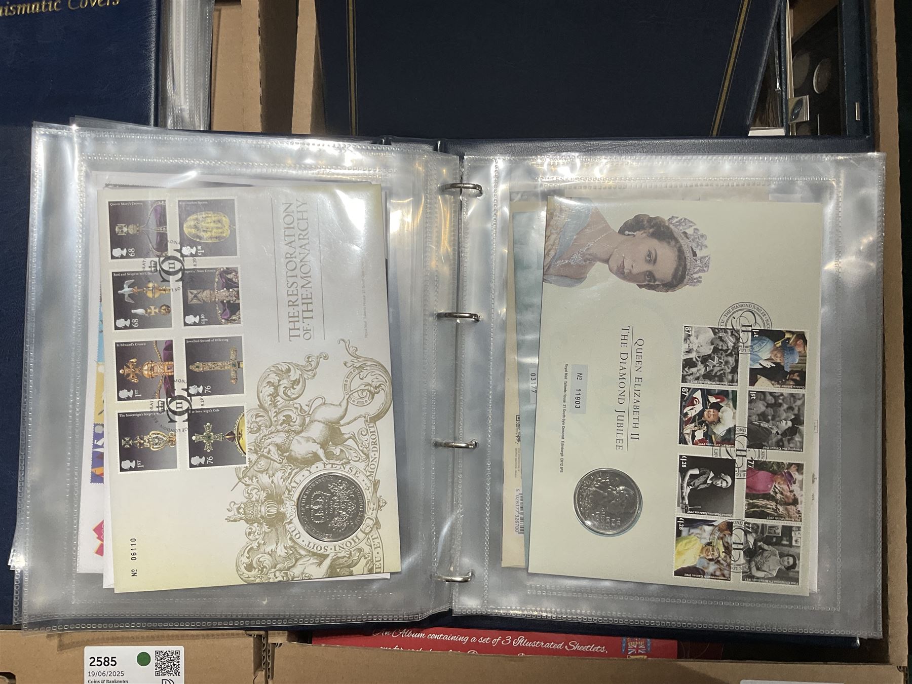 Approximately one hundred and fifteen Royal Mint coin covers, in two ring binder folders and loose, together with approximately 53 grams of Great British pre-1920 and approximately 68 grams of Great British pre-1947 silver threepence coins, and a small quantity of further pre-decimal coins