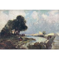Frank Henry Mason (Staithes Group 1875-1965) and Edith Annie Mason (neé Townley-Fullam) (British 1877-1942): North African Landscape with Figures and Bridge, oil on board signed 25cm x 35cm 
Notes: Frank and Edith married on 26th February 1899 at St Matthew's Church in Elswick, Newcastle, and soon after moved to Rockside House, Blenheim Terrace, Scarborough. Edie (as she was known) was the daughter of Captain George Townley-Fullam (1841-1879), master's mate on the CSS Alabama during the American Civil War, who was lost at sea during a hurricane in the Bay of Biscay whilst captaining the steamer Marlborough.