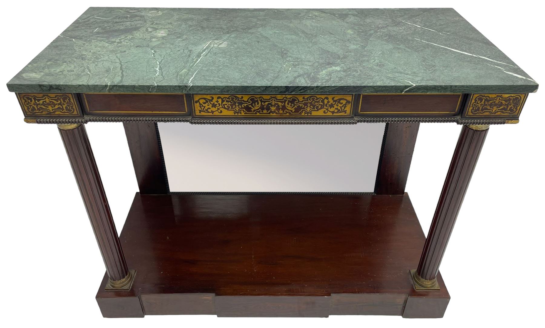 Late 19th century mahogany console or pier table, rectangular green marble top over a break-front frieze inlaid with brass scroll work panels, reed and ribbon gilt metal and wooden beaded applied mouldings, on turned and fluted front supports, plain mirror back over plinth platform base