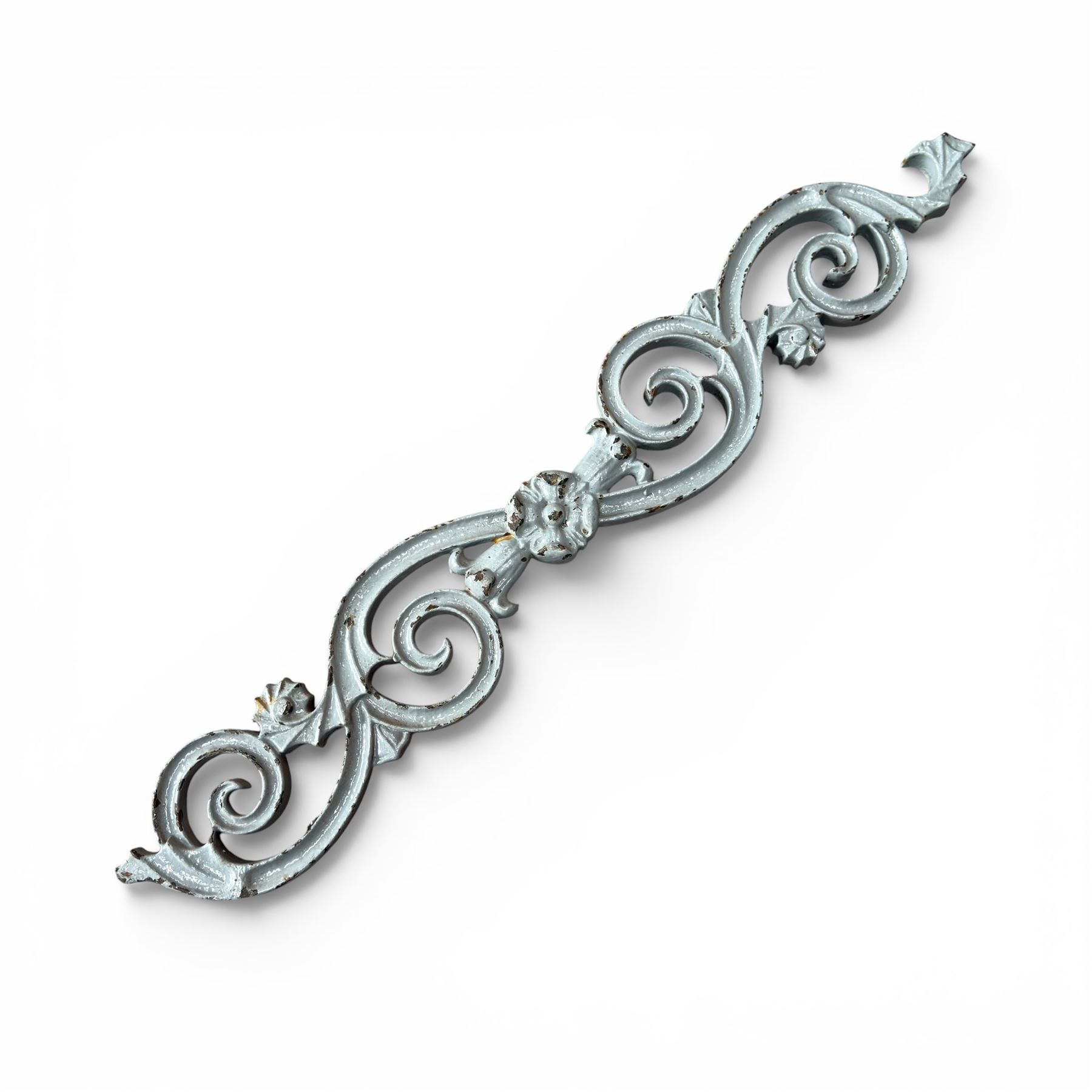 Set of eleven 19th century cast iron ornate stair or banister spindle supports, of scrolling form with scalloped decoration and flower-head motifs, in weathered duck-egg blue painted finish (11)