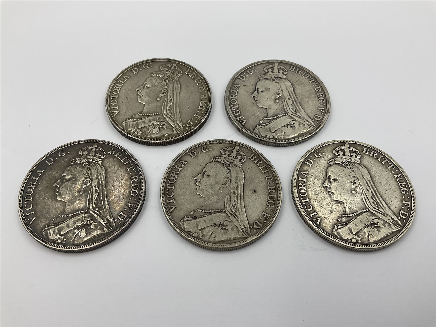 Five Queen Victoria silver crown coins, dated 1889, 1890, two 1891 and 1892