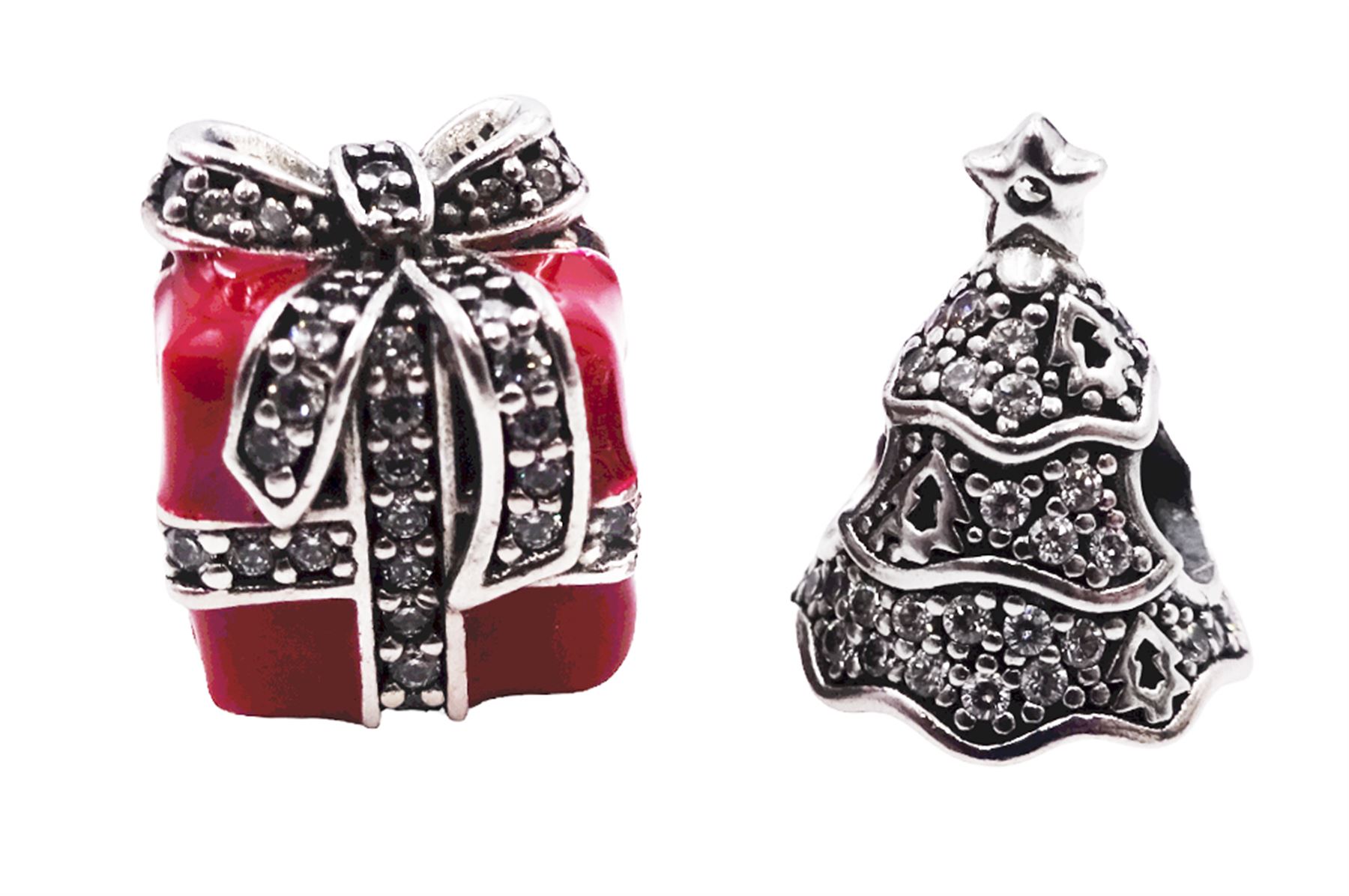 Five silver Pandora charms including Pandora shopping bag, Christmas tree, wrapped present, Winter scene, and snowman with reindeer droplet charm, all stamped S925 ALE, with one Pandora box 