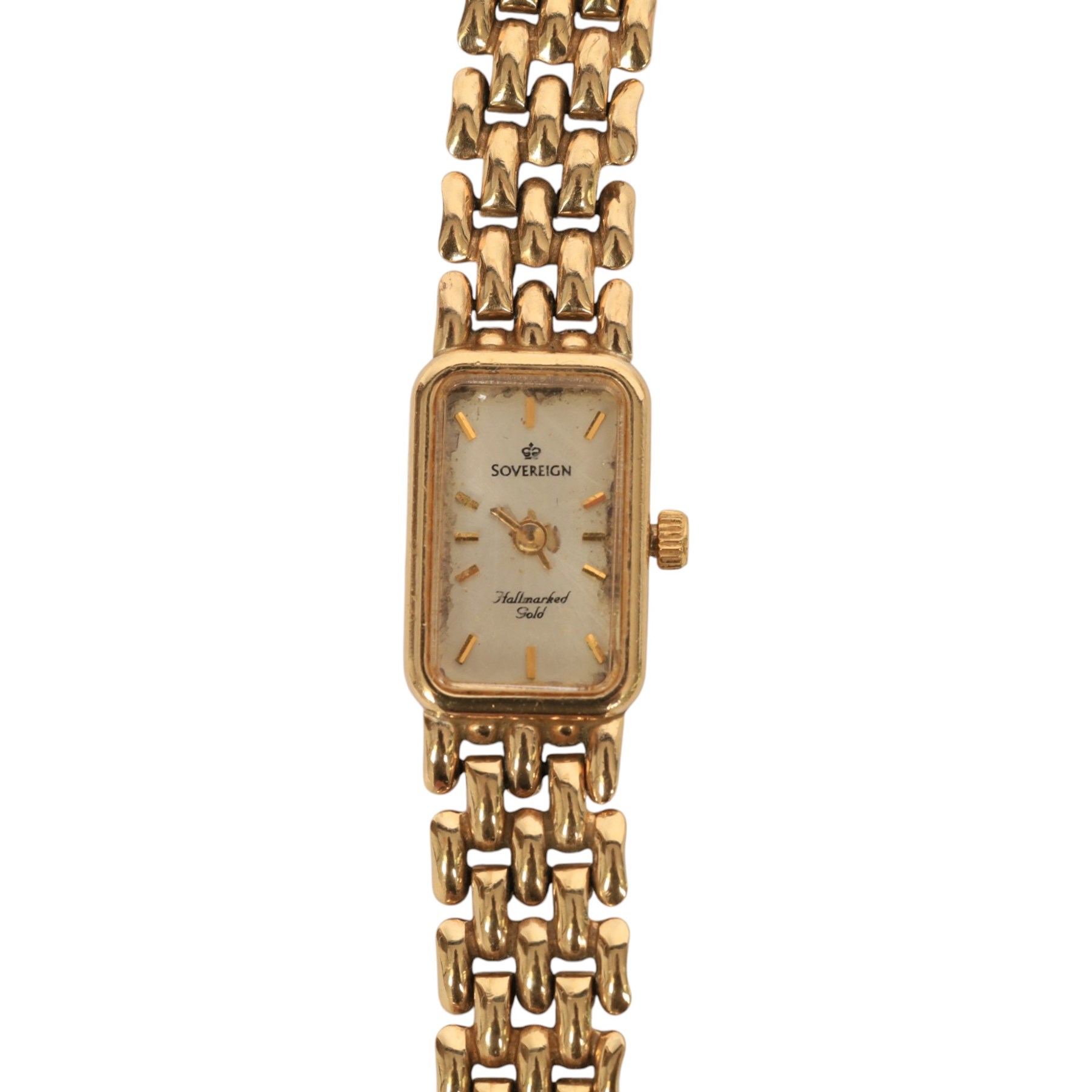 Sovereign ladies 9ct gold quartz wristwatch, on integral 9ct gold bracelet