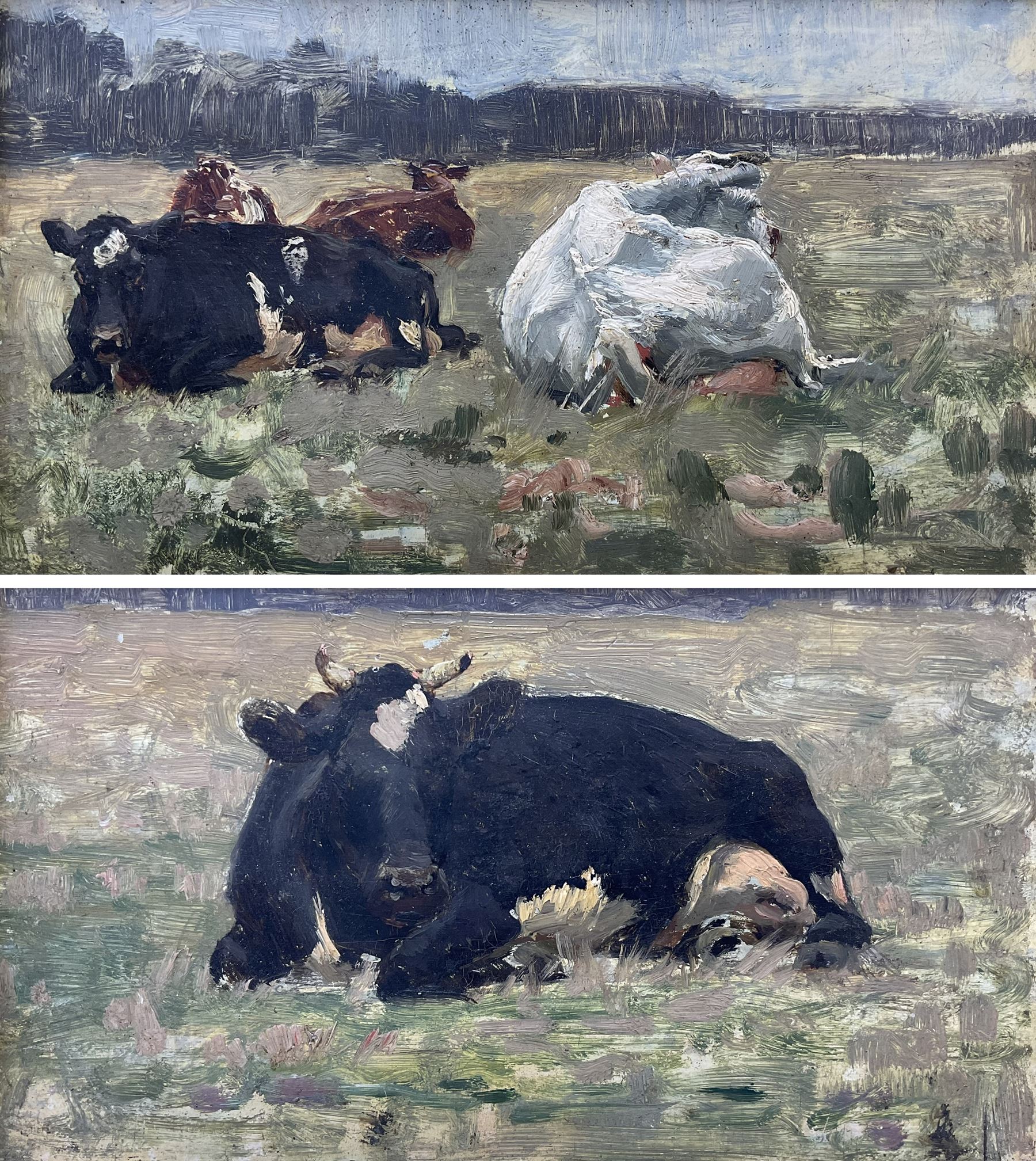 José Weiss (British 1859-1919): Cattle Resting, pair oils on mahogany panel, signed verso 13cm x 23cm (2)