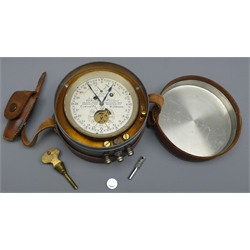  Thomas Mercer survey Chronometer No.14264, the two-day movement with visible escapement, silvered twenty-four hour dial with a subsidiary seconds, 56 hour up-and-down dial and engraved 'Thomas Mercer, Group Prize Neuchatel 1923, Maker to The Admiralty, Eywood Road, St. Albans', the lidded metal case with electrical contacts and in two piece leather case with key pouch, D15cm   