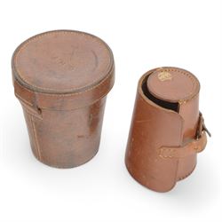 Asprey silver plated stirrup cup, engraved with name to body, together with a set of graduating silver plated stirrup cups, both in leather cases