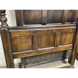 17th century style oak 4' four poster bed, high panelled back with projecting canopy cornice and panelled roof, turned posts with panelled front