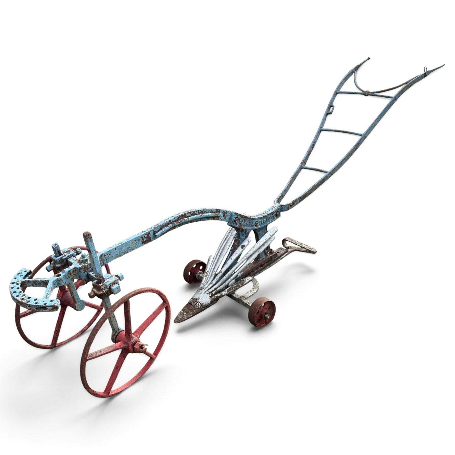 J. & F. Howard Ltd., Bedford - late 19th/early 20th century blue-painted cast iron horse-drawn potato ridger, with twin handles above a curved beam, adjustable ridging body and ploughshare, on red-painted five-spoke wheels, signed HOWARD BEDFORD