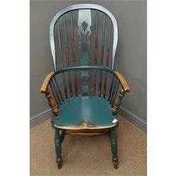  19th century elm and ash Windsor armchair, rustic paint finish, double hoop, stick and splat back  