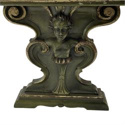 Italian design coffee table in green marbled finish, moulded rectangular top over shaped end supports mounted by putti caryatids and scrolls, stepped and moulded sledge feet
