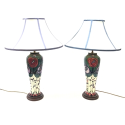  Pair Moorcroft Charles Rennie Macintosh tribute pottery table lamps, designed by Rachel Bishop with shades, H67cm max  