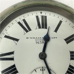 Early 20th century British Army officer's campaign clock in the form of a key-less wind nickel cased pocket watch with white dial, Roman numerals and subsidiary seconds dial, inscribed H. Williamson Ltd. London 9138F, the back with broad arrow and 9138F; in leather travelling case with dial aperture and brass easel support H14cm