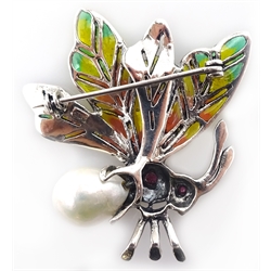  Plique-a-jour, marcasite, pearl and stone set flying insect silver brooch, stamped 925  
