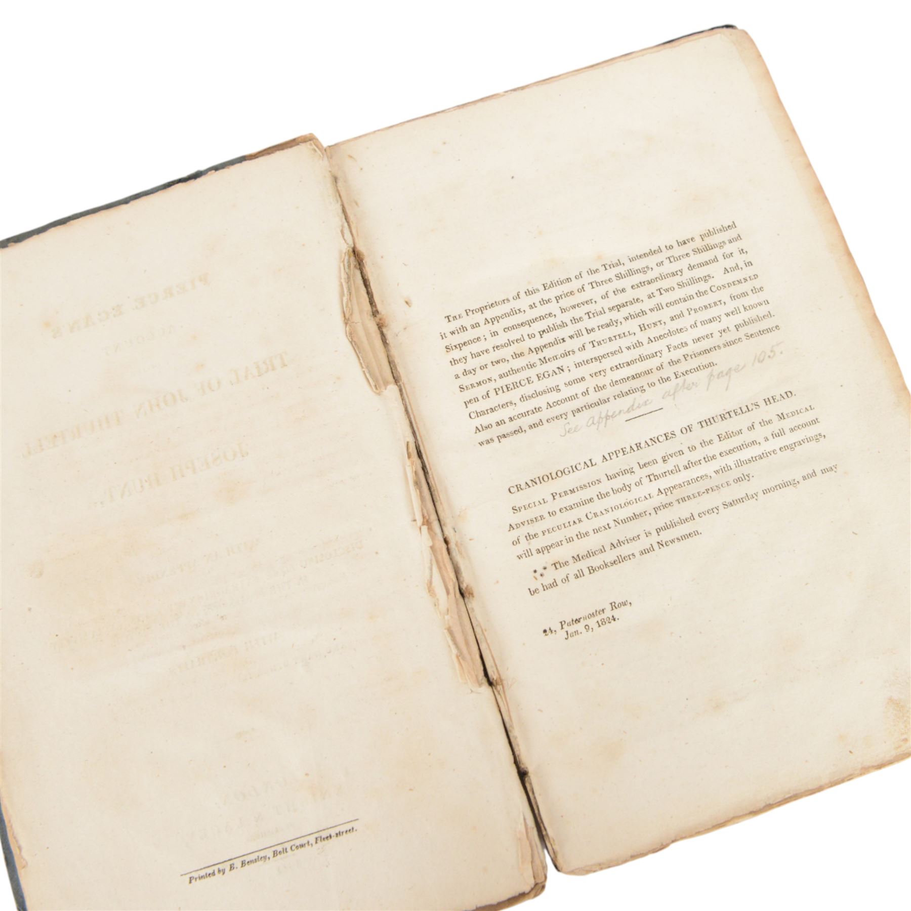 Pierre Egans; Account of the Trial of Joseph Thurell and Joseph Hunt, published Knight & Lacey London, 1824 and Le Petit Journal framed illustrated images of execution of Doctor Crippen, circa 1910, H45cm, L62cm  