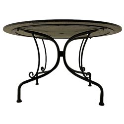 Neptune Furniture - Boscombe black granite and black powder coated steel garden table with circular top, and set five matching black steel garden chairs with loose cushions, with parasol and base.