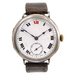 Zenith early 20th century silver manual wind wristwatch, No. 2529426, Roman numerals with subsidiary seconds dial and red 12 o'clock marker, Glasgow import marks 1938, on brown leather strap