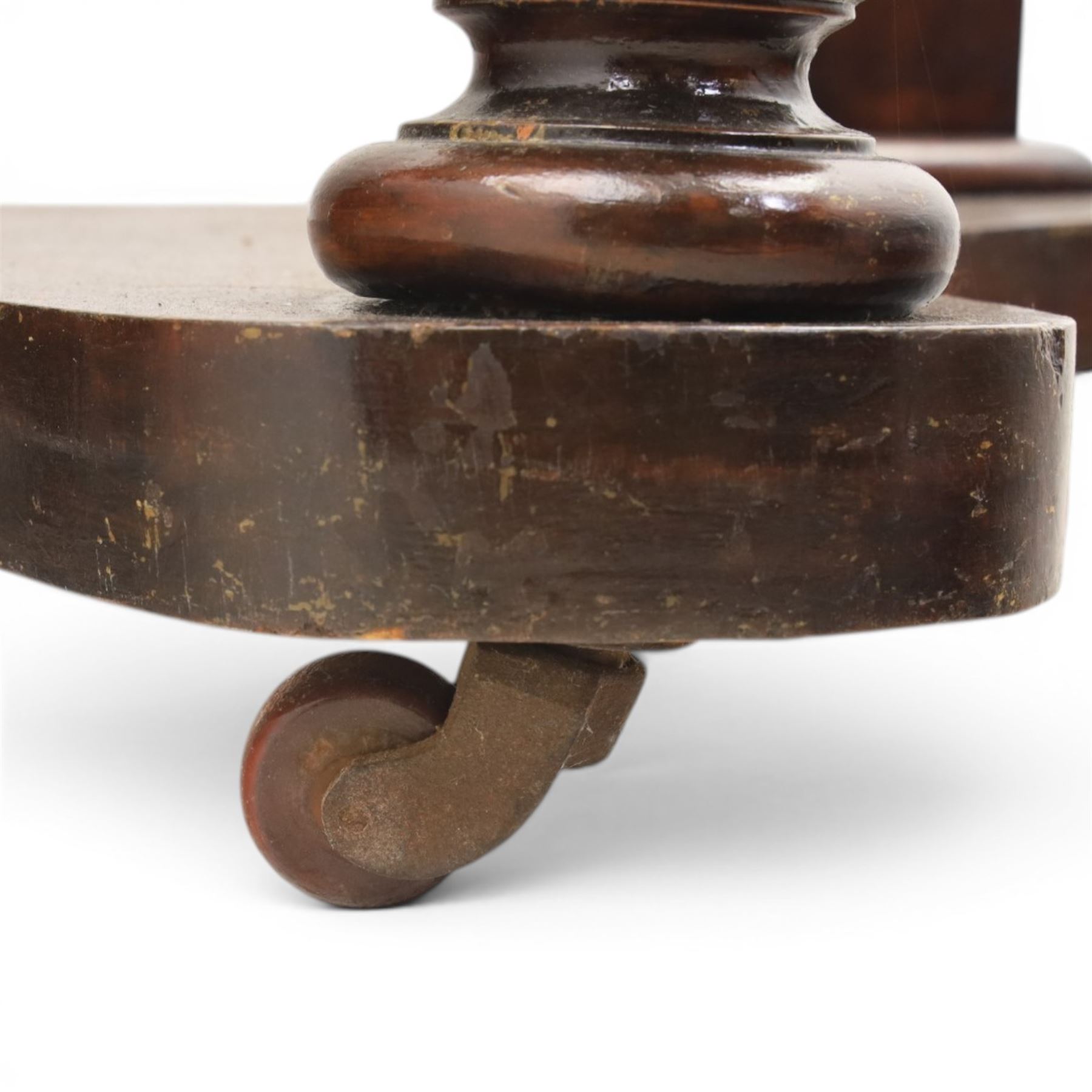 Victorian mahogany marble topped demi lune console table, raised on a turned front support, with shaped undertier, raised on castors