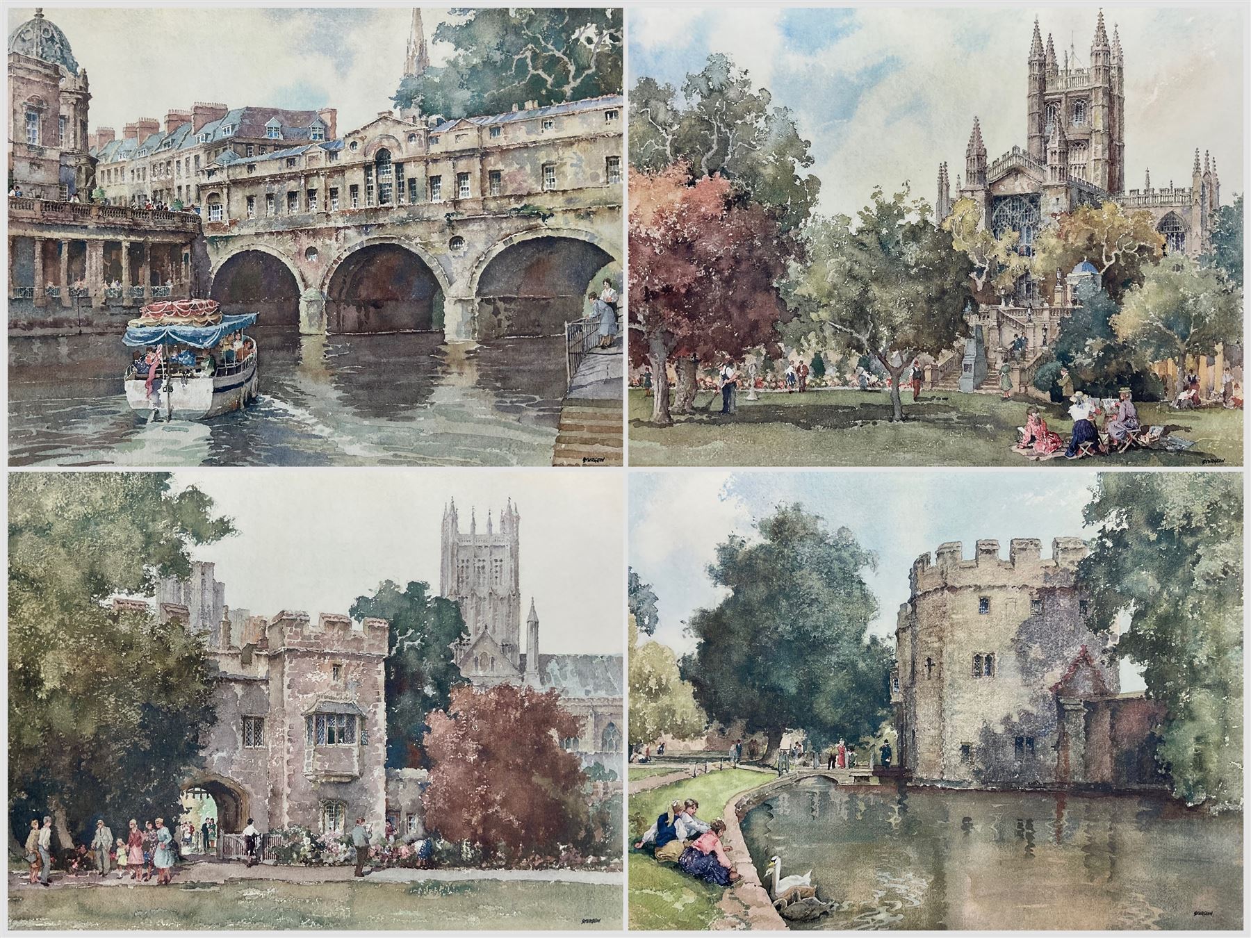 Eric R. Sturgeon (British 1920-1999): 'The Palace Gatehouse Wells', 'Bath Abbey', 'Pulteney Bridge' and 'Wells Cathedral', set of four lithographs signed in pencil and blind stamped, together with a print of Labradors, signed 'Logan' and numbered in pencil max. 43cm x 58cm (5)