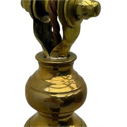 Early 20th century brass adjustable floor lamp, Royal Doulton decorative ceramic base embellished with raised floral and scroll patterns, stamped, brass column and adjustable arms terminating in brass bulb holder