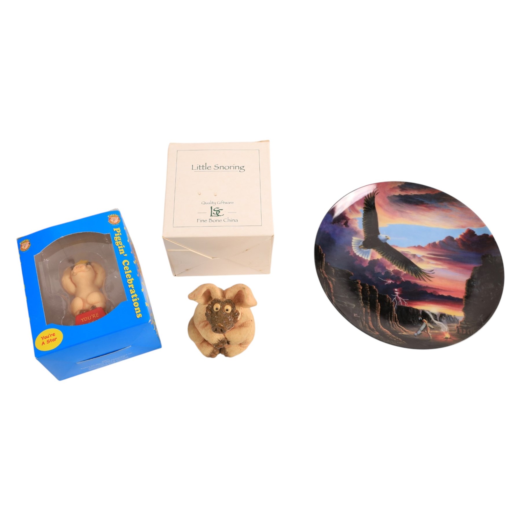 Limited Edition 'The Majestic Bald Eagle' by Ronald Van Ruyckevelt, Franklin Mint American Glory eagle figure by Ronald Van Reuykebelt, metallic bald eagle American montage and other eagle collectables, in one box