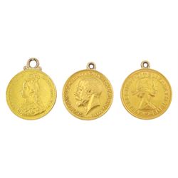 Three gold full sovereign coins dated 1887, 1927 and 1963, all with soldered 9ct gold mounts