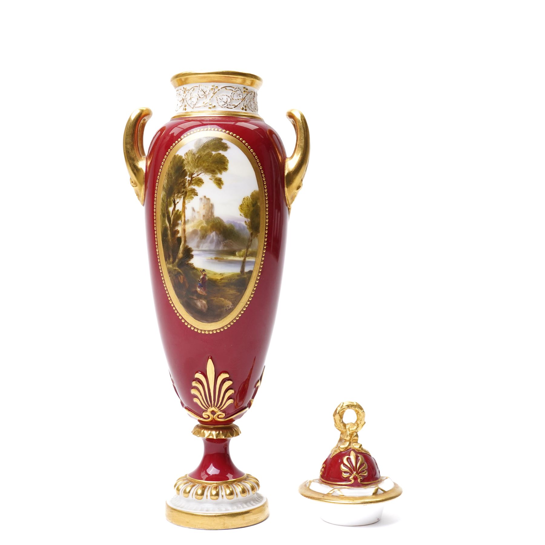 Early 20th century Royal Worcester vase and cover by Harry Davis, painted with a distant view of a castle and a couple resting on a red ground, heightened profusely with gilt, shape number 2422, printed marks in green to base, H25cm