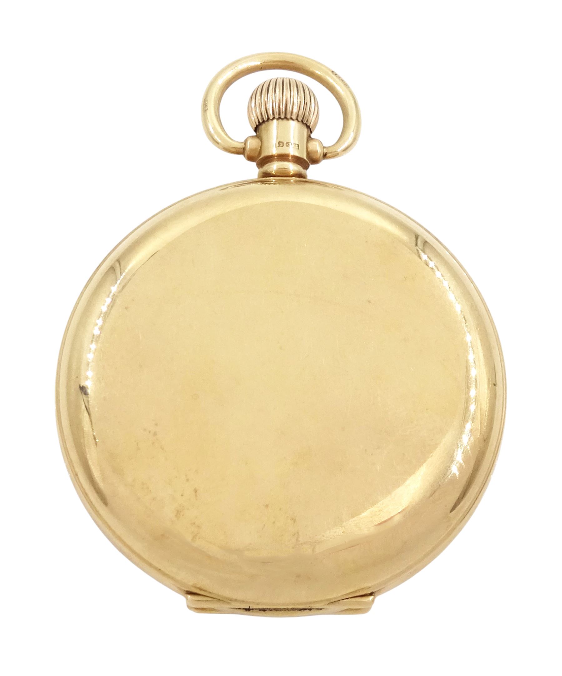 Early 20th century 9ct gold full hunter keyless lever pocket watch, white enamel dial with Roman numeral hour markers and subsidiary seconds dial, case by Aaron Lufkin Dennison, Birmingham 1927