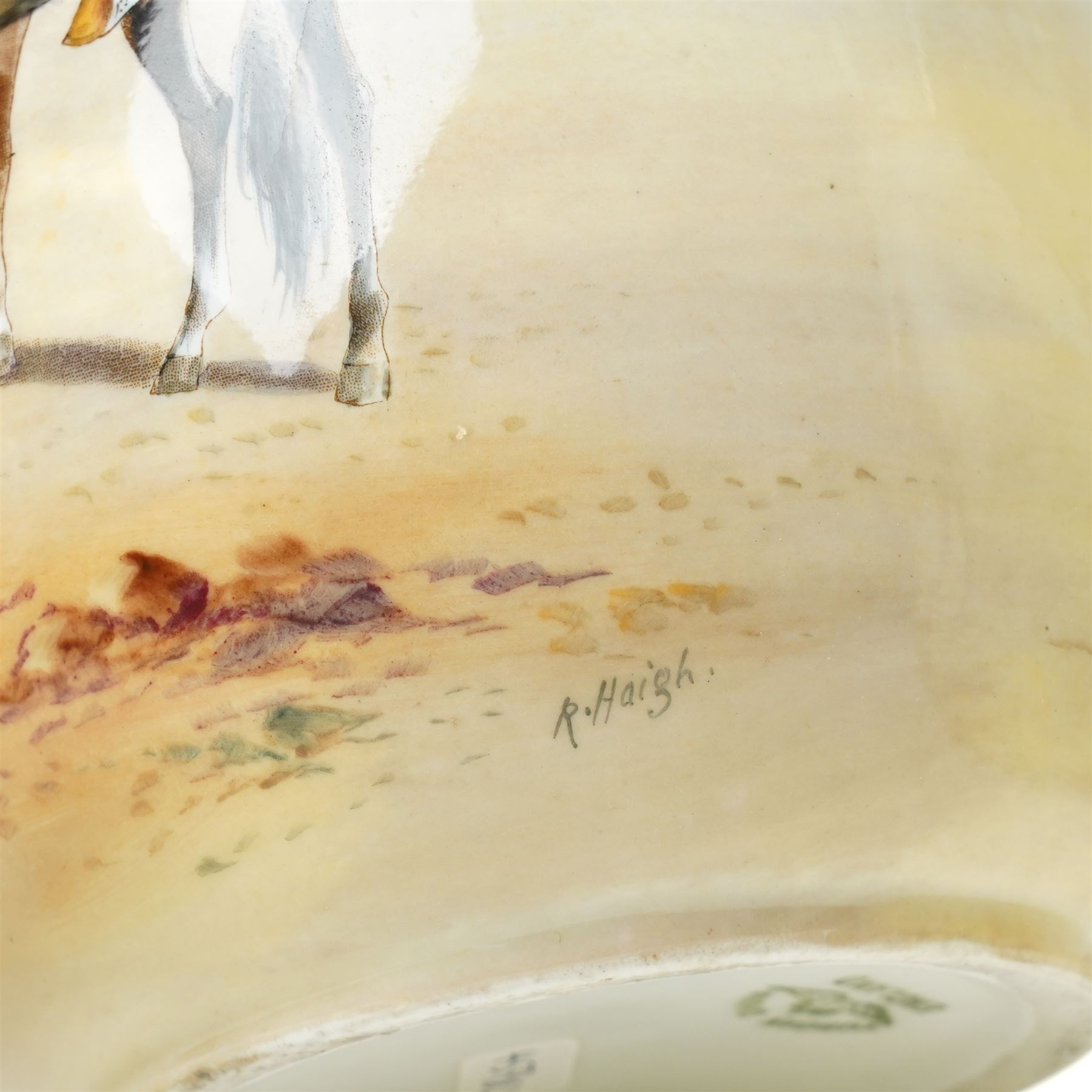 Pair of Tuscan China vases painted with Middle Eastern scenes signed R Haigh H18cm, another in similar subject and two other Tuscan China vases painted with birds