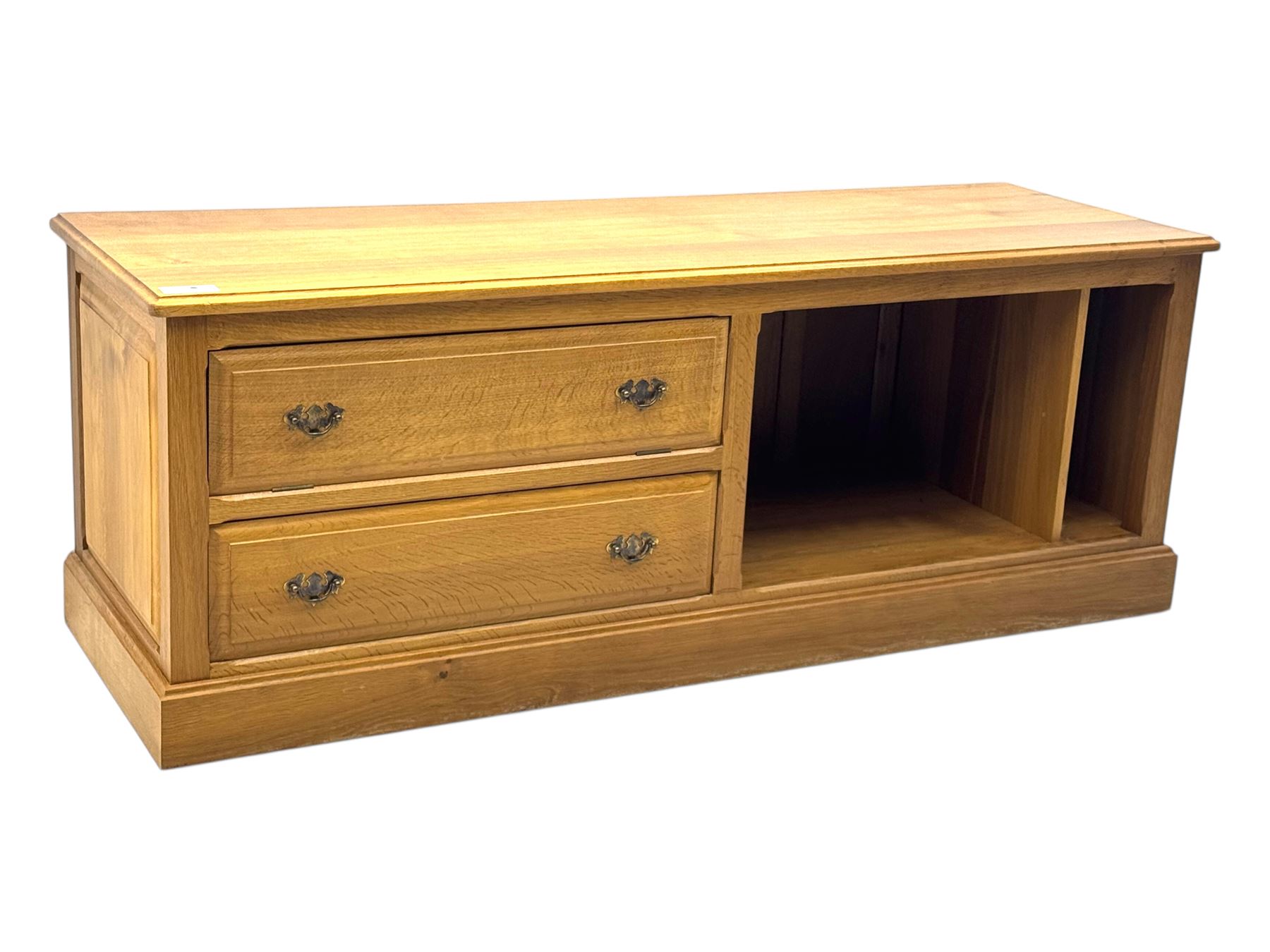Contemporary oak television media cabinet, rectangular top with moulded edge, fitted with two long drawers beside two open compartments, on plinth base