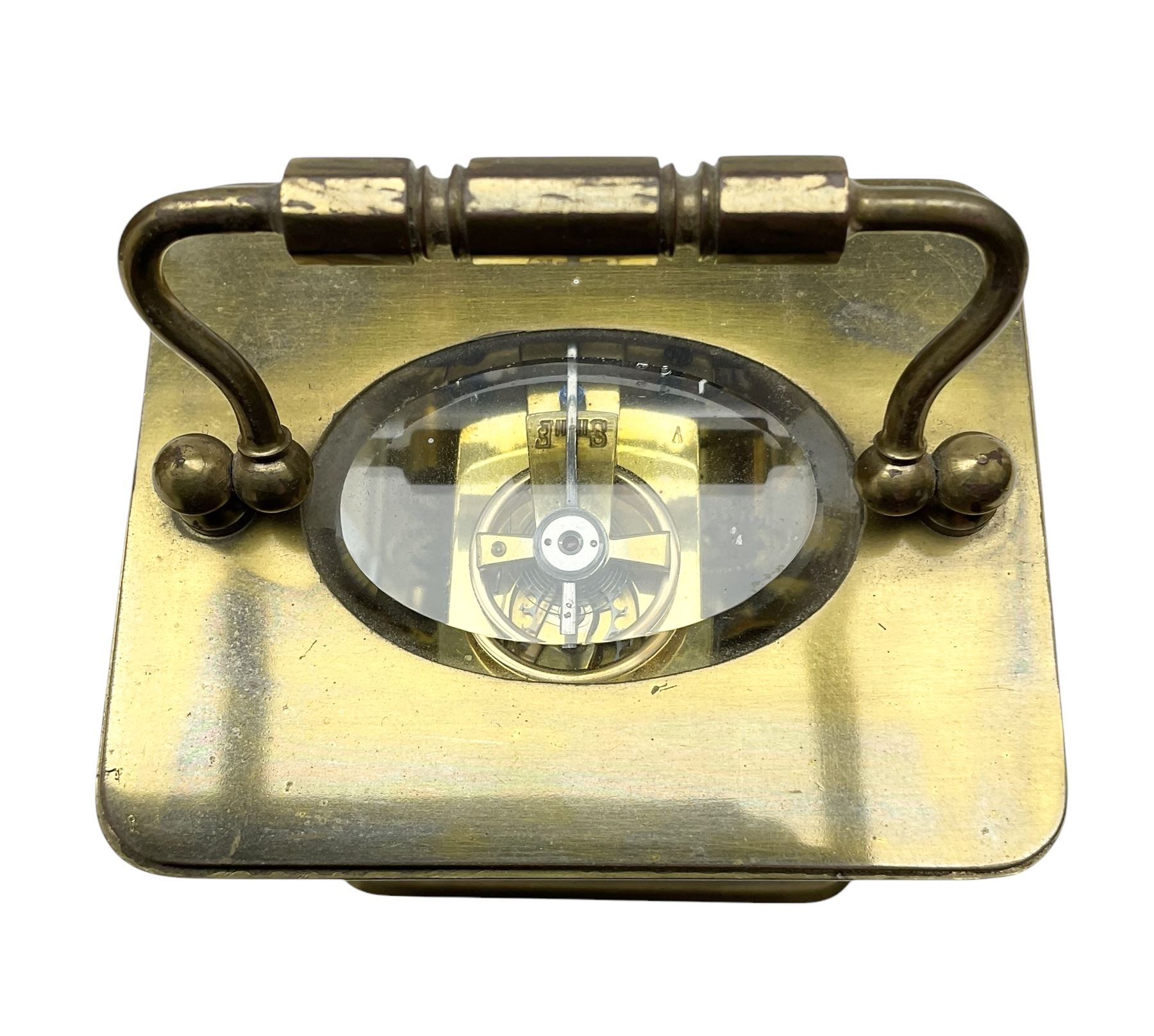 French-19th century timepiece carriage clock in brass corniche case with a cylinder platform escapement. With key. 