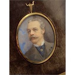 Edwardian painted portrait miniature upon ivory, head and shoulder portrait of a gentleman, in oval pinchbeck frame, and further rectangular frame with plush mount and easel style support verso, overall H 14.5cm L12.5cm