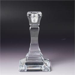 WMF glass decanter, designed by Jette Joop, on steel stand, boxed, H23cm; Tiffany & Co glass candlestick, marked to base, H18cm (2)
