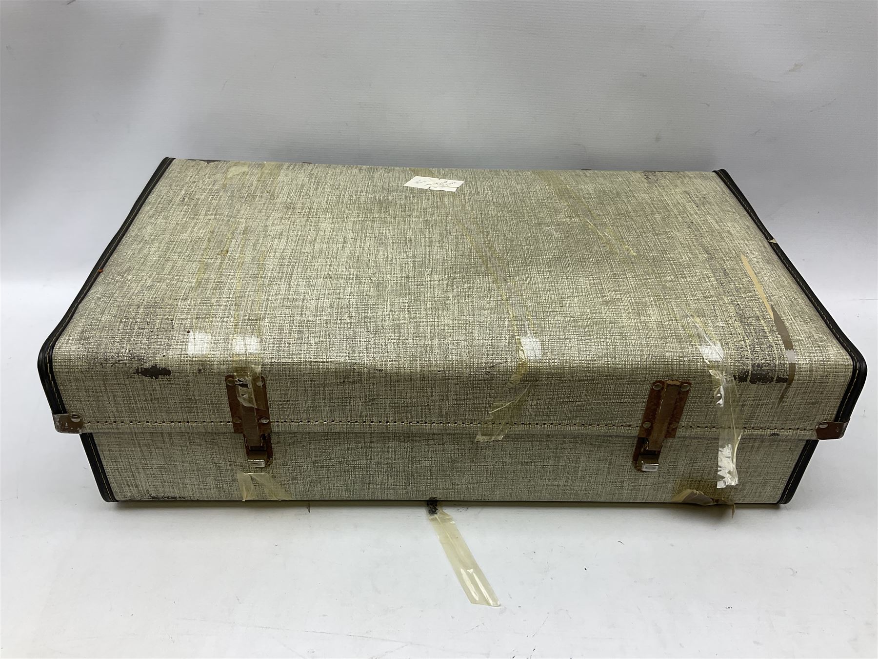 Ukelele, Westclox electric alarm  clock, vintage tins, National Rail hat, ceramics, boxed games, carved wood figures etc all housed in a suitcase