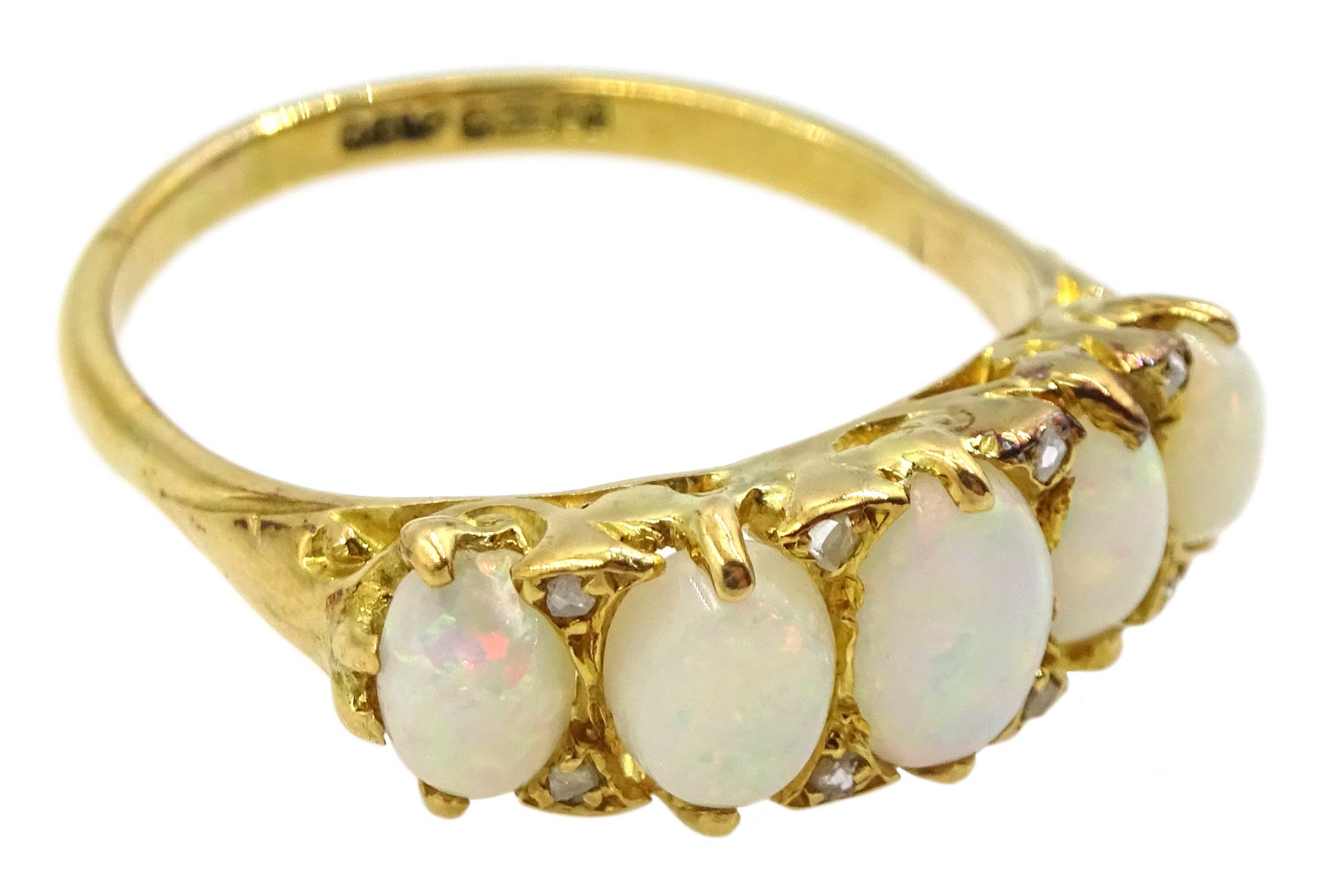 18ct gold graduating five stone opal ring, with diamond accents set ...