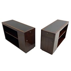 Ralph Lauren - pair 'Metropolis' Art Deco design end-tables, rosewood finish box frame with smoke glass inset, each fitted with cupboard, drawer and shelf