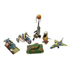 Six large modern Chinese/Japanese tin-plate toys comprising elephant ball juggler on tricycle, combination motorcyclist, American aircraft, tank, parrot and pecking bird; all unboxed (6)