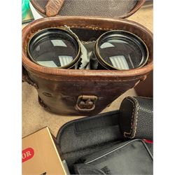 Two Services pocket watches, pair of Auriol Zoom binoculars 10-30 x 60, Sunagor Mini-Pocket binoculars, all boxed, Russian Baigish 8 x 30 binoculars, Oregon 4 binoculars, other binoculars, Prinz Galaxy lens and a Leitz Wetzlar microscope