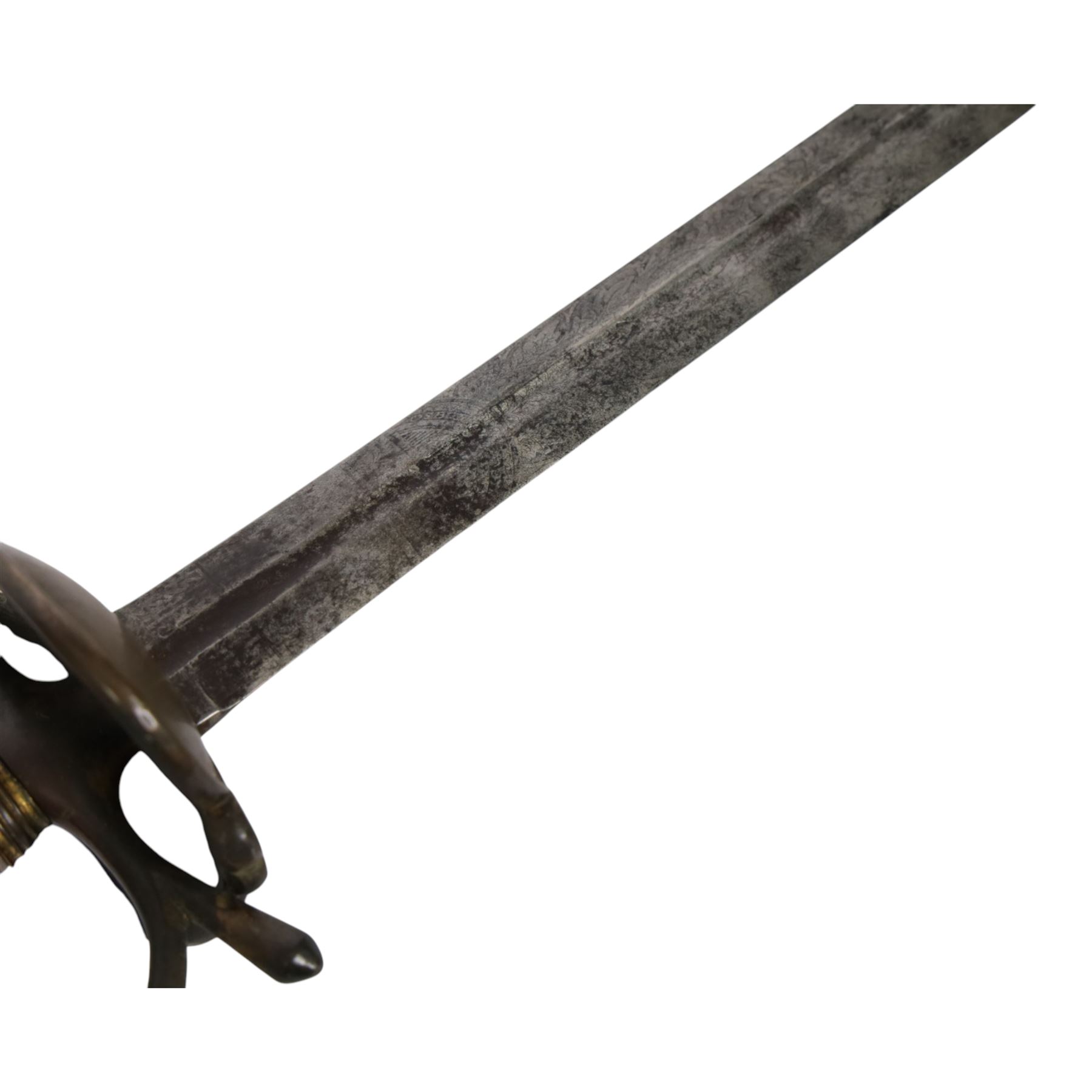 British Georgian Officers Sword, with 83cm double edged fullered blade engraved with with motifs and Osborn along with Warranted, with brass heart shaped guard and faux wire bound grip, with scabbard with twin suspension rings, overall length 100cm