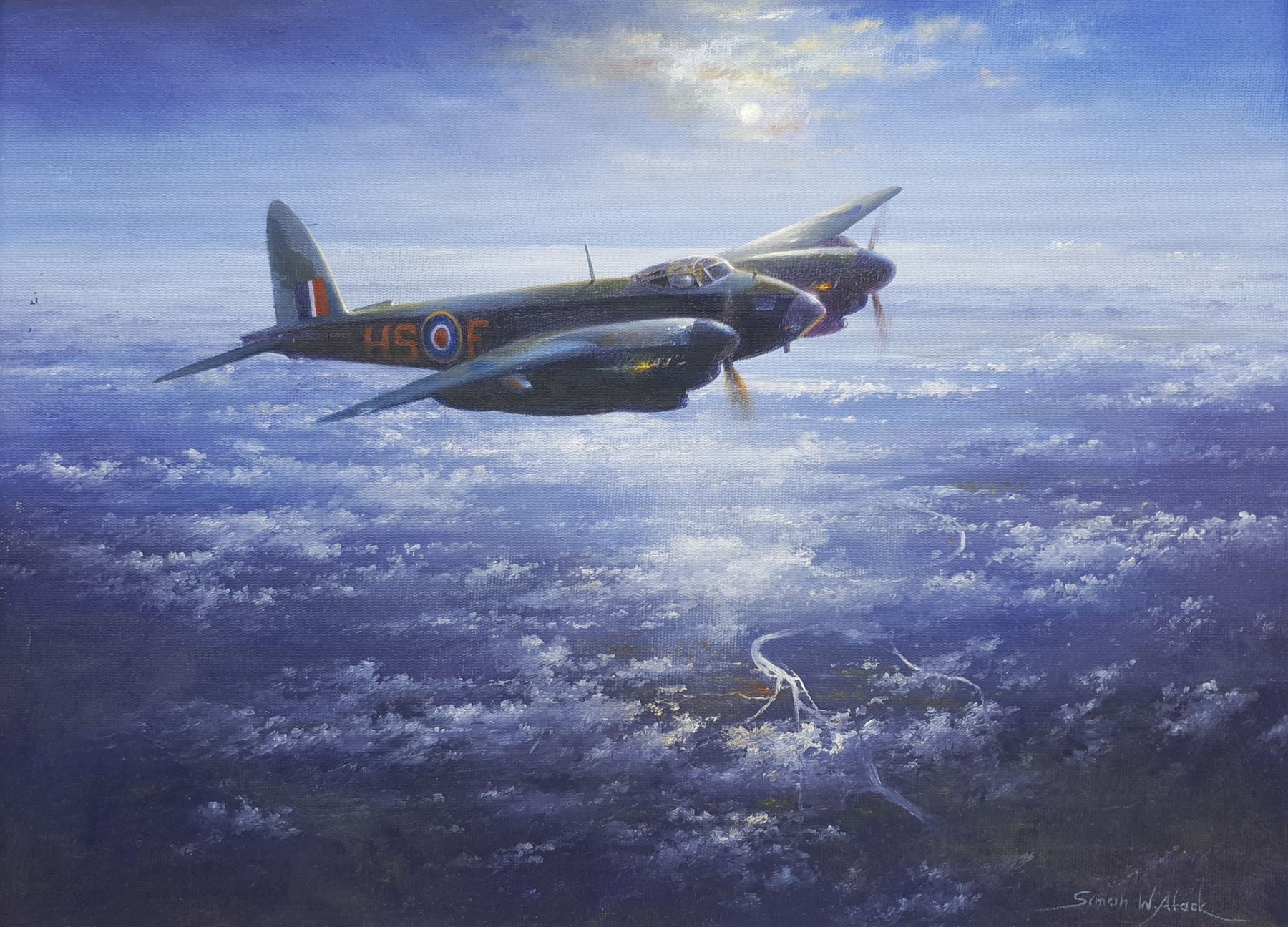 Simon W Atack (British 1957-): Mosquito Bomber in Flight, oil on board signed 29cm x 39cm
