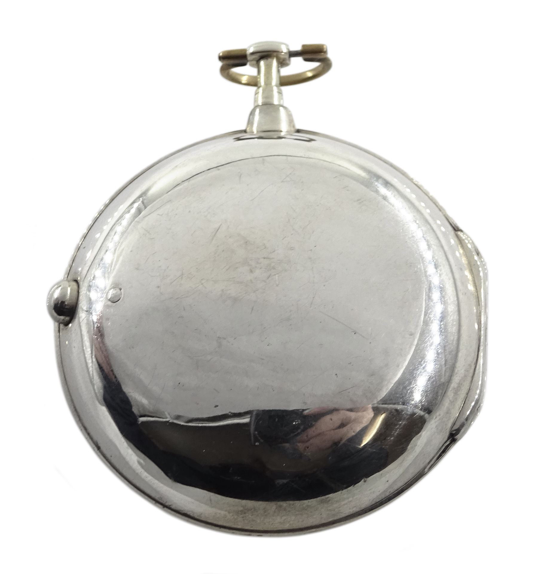 George III silver pair cased verge fusee pocket watch by Richard Tompion, Liverpool, No. 3801, round baluster pillars, pierced and engraved balance cock decorated with a heart, white enamel dial with Arabic numerals and outer quarter markers, beetle and poker hands, bull's eye glass, case by Henry Harding, Birmingham 1792