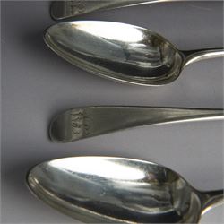 Set of six George III silver Old English pattern serving spoons, each engraved with monogram, hallmarked 	Richard Crossley, London 1786