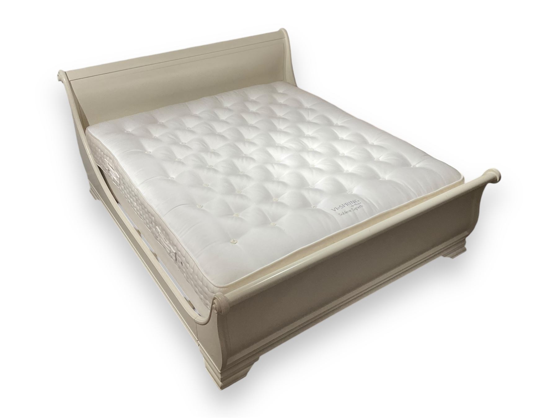 Cream finish Super Kingsize sleigh bed; together with Vispring 'Sublime Superb' mattress complete with divan base