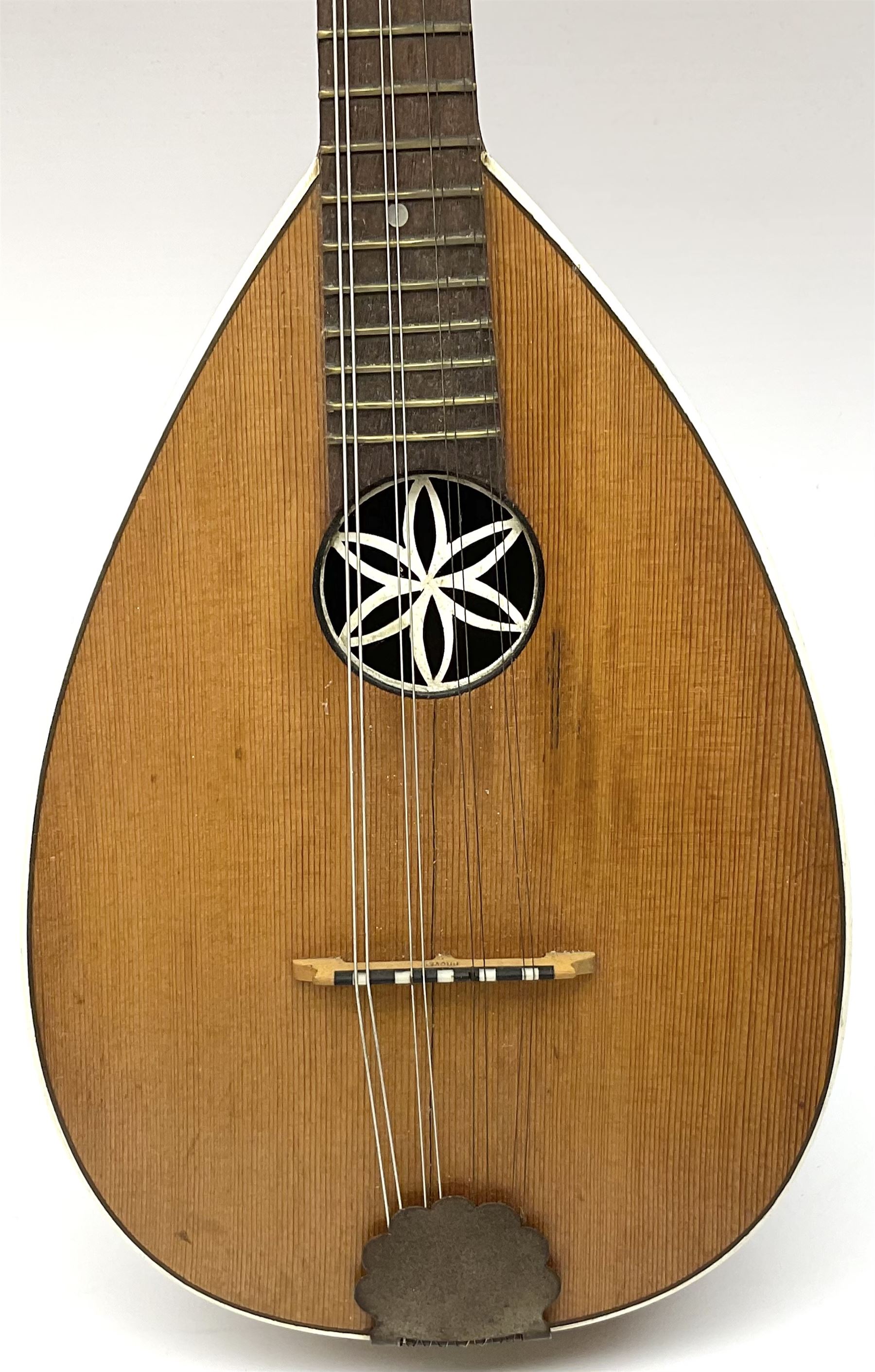 Melody-Uke four-string ukelele banjo, makers plaque to head stock L59cm; and Italian eight-string lute-back mandolin with mahogany stained segmented maple back and spruce top L59cm (2)