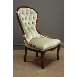  Victorian style spoon back nursing chair, light green upholstery, W60cm, H92cm, D60cm  