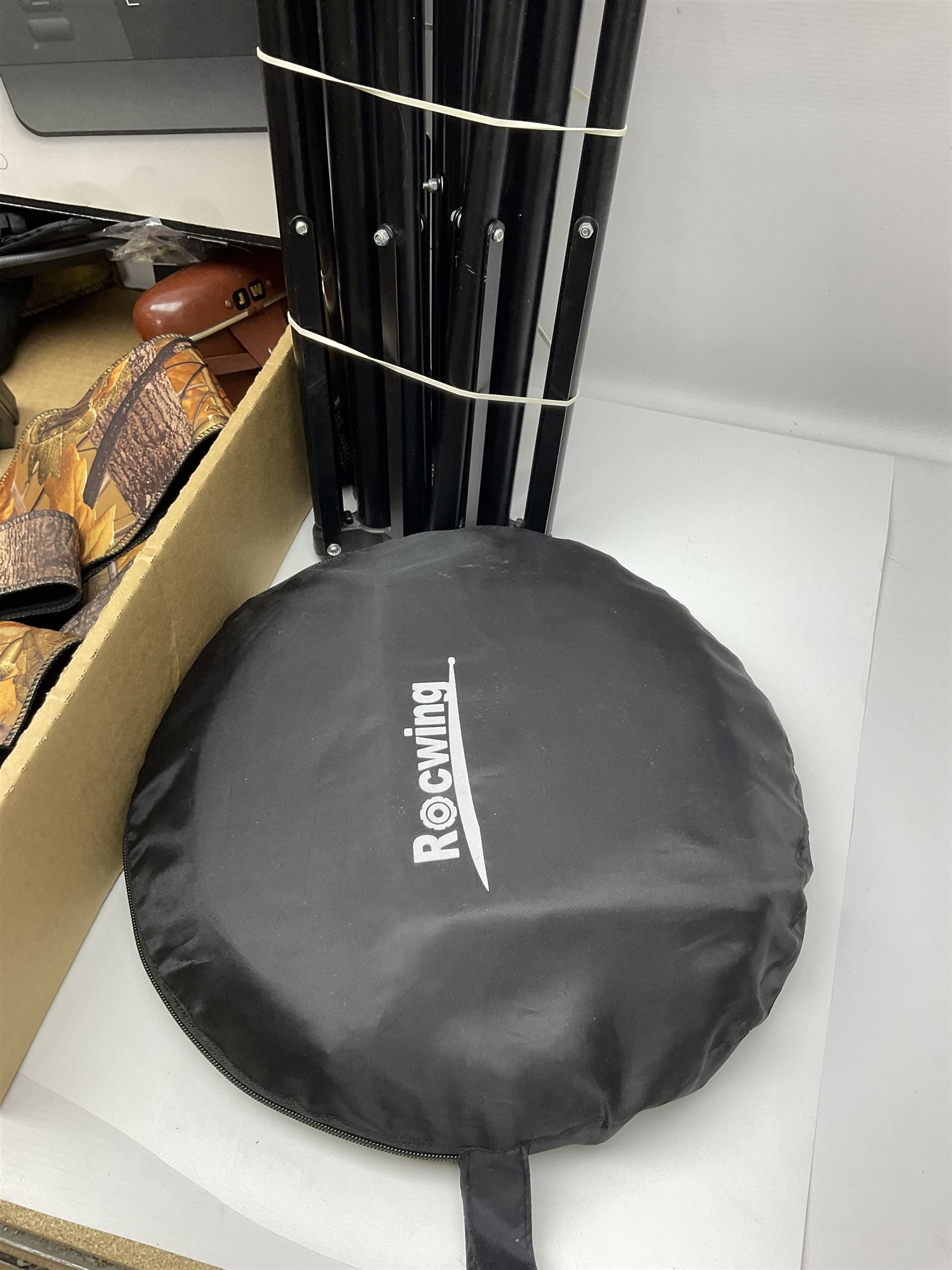 Rocwing photography studio lighting stands and shades, together with digital cameras and other camera equipment, in three boxes  